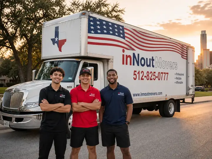 inNout Movers crew standing in front of a branded moving truck in Central Texas