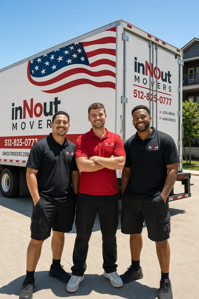 Three inNout Movers crew members standing in front of a branded moving truck on a sunny Texas day