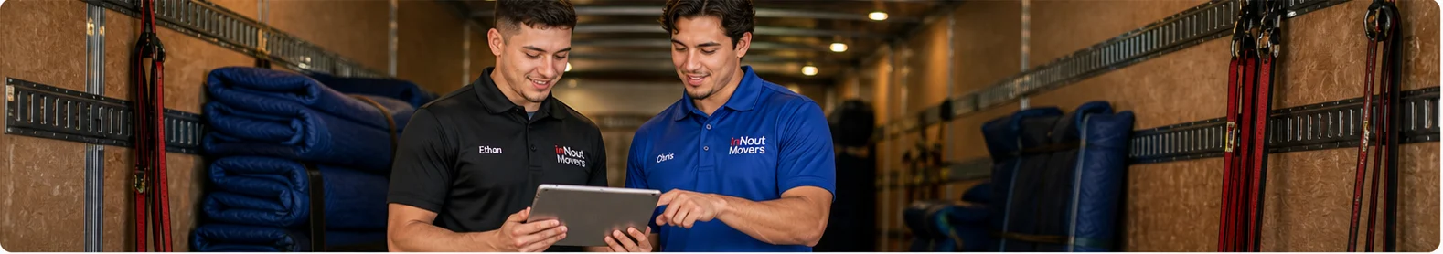 inNout Movers crew reviewing a moving plan on a tablet inside a truck